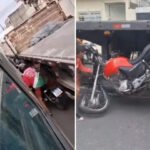 Vídeo mostra motociclista sendo imprensado e arrastado por carreta em avenida