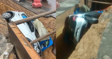 Carro ultrapassa sinalização e cai dentro de vala de obras da Cigás no Nova Cidade; veja vídeo