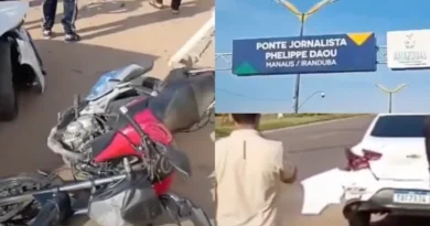 Acidente envolvendo dois carros e motocicleta é registrado no acesso à Ponte Rio Negro, em Manaus