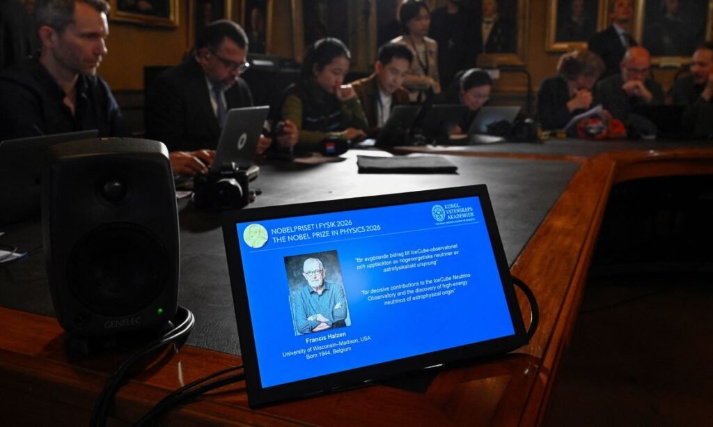 A display screen shows Francis Halzen is announced as the recipient of the 2026 Nobel Prize in Physics during a press conference at the Royal Swedish Academy of Sciences in Stockholm, Sweden, October 6, 2026. TT News Agency/Christine Olsson/via REUTERS ATTENTION EDITORS - THIS IMAGE WAS PROVIDED BY A THIRD PARTY. SWEDEN OUT. NO COMMERCIAL OR EDITORIAL SALES IN SWEDEN. NO RESALES. NO ARCHIVES.