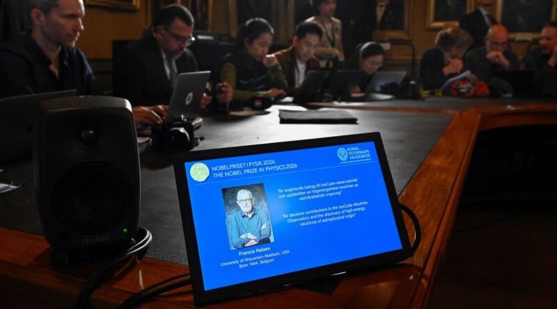 A display screen shows Francis Halzen is announced as the recipient of the 2026 Nobel Prize in Physics during a press conference at the Royal Swedish Academy of Sciences in Stockholm, Sweden, October 6, 2026. TT News Agency/Christine Olsson/via REUTERS ATTENTION EDITORS - THIS IMAGE WAS PROVIDED BY A THIRD PARTY. SWEDEN OUT. NO COMMERCIAL OR EDITORIAL SALES IN SWEDEN. NO RESALES. NO ARCHIVES.