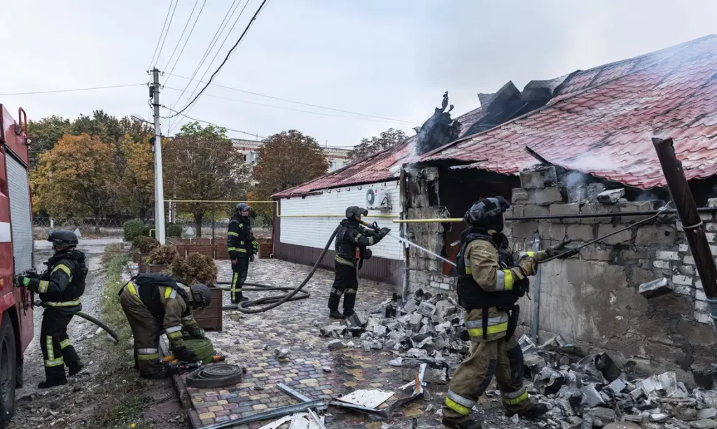 KRAMATORSK, UKRAINE - OCTOBER 10: Ukrainian firefighters put out a fire in a commercial building following a strike by a Russian FPV drone and under threat from further drone attacks, in Kramatrosk, Ukraine, on October 10, 2026. Diego Herrera Carcedo / AnadoluNo Use USA No use UK No use Canada No use France No use Japan No use Italy No use Australia No use Spain No use Belgium No use Korea No use South Africa No use Hong Kong No use New Zealand No use Turkey