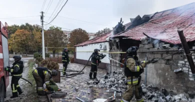 KRAMATORSK, UKRAINE - OCTOBER 10: Ukrainian firefighters put out a fire in a commercial building following a strike by a Russian FPV drone and under threat from further drone attacks, in Kramatrosk, Ukraine, on October 10, 2026. Diego Herrera Carcedo / AnadoluNo Use USA No use UK No use Canada No use France No use Japan No use Italy No use Australia No use Spain No use Belgium No use Korea No use South Africa No use Hong Kong No use New Zealand No use Turkey