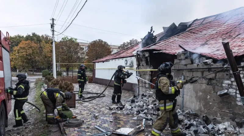 KRAMATORSK, UKRAINE - OCTOBER 10: Ukrainian firefighters put out a fire in a commercial building following a strike by a Russian FPV drone and under threat from further drone attacks, in Kramatrosk, Ukraine, on October 10, 2026. Diego Herrera Carcedo / AnadoluNo Use USA No use UK No use Canada No use France No use Japan No use Italy No use Australia No use Spain No use Belgium No use Korea No use South Africa No use Hong Kong No use New Zealand No use Turkey