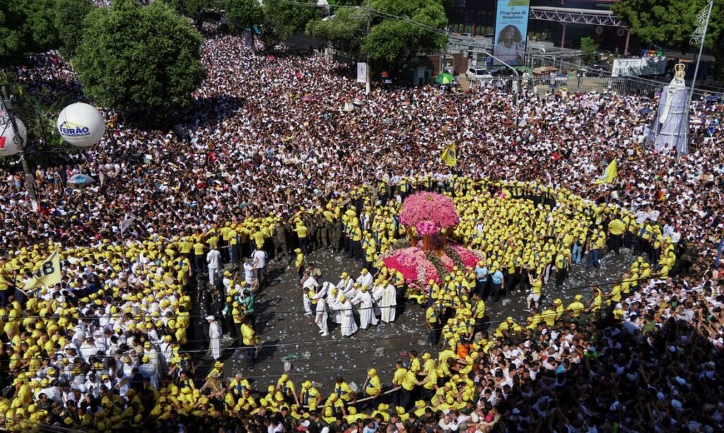 Pilgrims pray through the streets during the annual Cirio de Nazare procession, one of the country’s largest religious festivals honoring Our Lady of Nazareth in Belem, Para state, Brazil, October 11, 2026. REUTERS/Marx Vasconcelos
