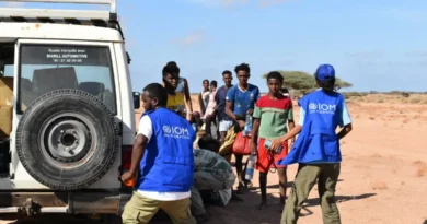 Funcionários da Organização Internacional para as Migrações recebem imigrantes após barco ter virado enquanto navegava de Djibuti para o Iêmen 10 de outubro de 2026 Kennedy Omondi Okoth/Organização Internacional para as Migrações/Divulgação via REUTERS