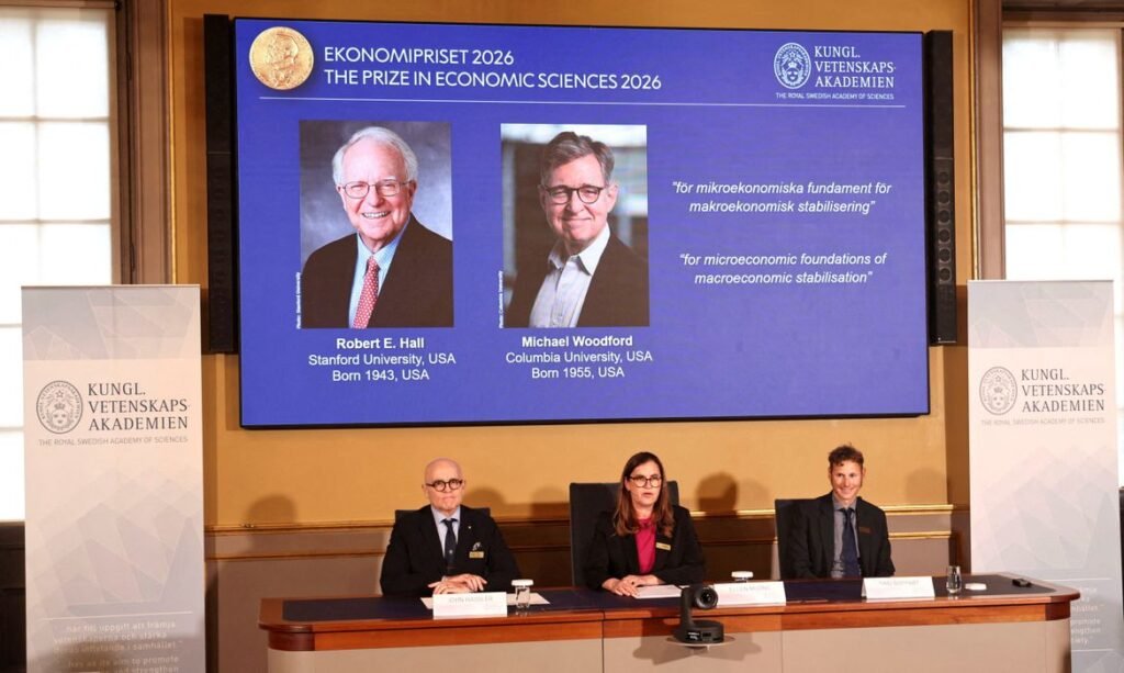 Robert E. Hall and Michael Woodford are announced as the laureates of the 2026 Sveriges Riksbank Prize in Economic Sciences in Memory of Alfred Nobel at the Royal Swedish Academy of Sciences in Stockholm, Sweden, October 12, 2026. REUTERS/ Tom Little TPX IMAGES OF THE DAY