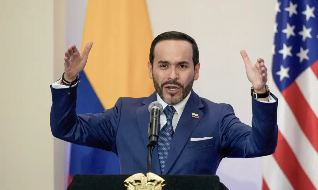 FILE PHOTO: Colombian President Abelardo De La Espriella speaks during a bilateral agreements signing ceremony with U.S. Secretary of State Marco Rubio, in Barranquilla, Colombia, September 8, 2026. Fernando Vergara/Pool via REUTERS/File Photo