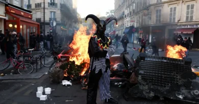 A demonstrator wearing a costume stands in front of burning flames, in Paris, France, October 18, 2026. REUTERS/Abdul Saboor