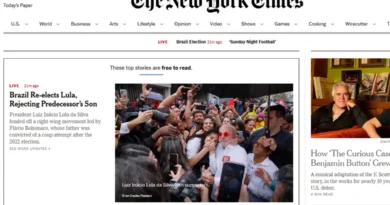 Capa do NY Times sobre a reeleição do presidente Luiz Inácio Lula da Silva. Foto: NYTimes/Reprodução